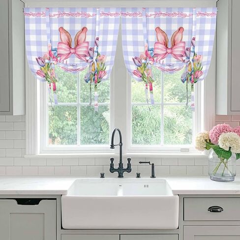 Happy Easter Tie Up Curtains for Window, Rabbits Bows Spring Tulips Eggs Purple Plaid Thermal Insulated Balloon Shade Rod Pocket Curtains Valance Panels for Kitchen Bathroom Café 42'' x 54'' in Saudi Arabia