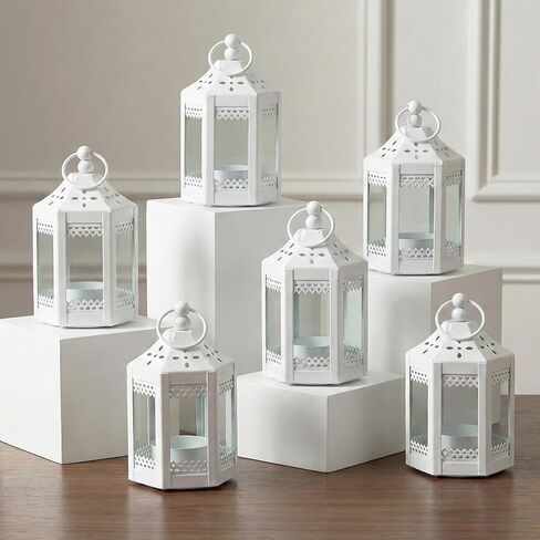 Vela Lanterns Mini Small 4.5 بوصة حامل شموع مزخرفة بفانوس مغربي معدني للقطع المركزية، ديكور المنزل، حفلات الزفاف، فضي، مجموعة من 6 قطع in Kuwait