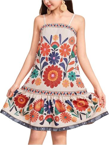 Floerns Girl's Summer Tropical Cami Dress Spaghetti Strap Ruffle Hem Beach Vacation Dresses in Saudi Arabia