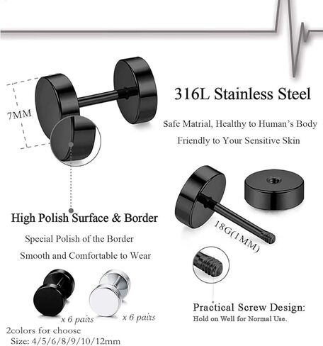 Mens earrings pack stainless steel antiallergy Cartilage piercings black barbell flatback earrings silver stud earrings for men in Saudi Arabia