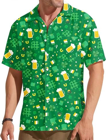 St Patricks Day Shirt for Men: Lucky Shamrock Hawaiian T-Shirt Irish Festival Short Sleeve Button Down Top in Saudi Arabia