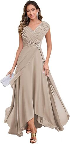 Cap Sleeve Mother of The Bride Dresses V Neck Chiffon Lace Applique Pleated Long Formal Dresses for Women in Saudi Arabia