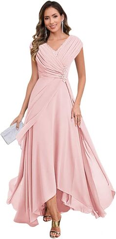 Cap Sleeve Mother of The Bride Dresses V Neck Chiffon Lace Applique Pleated Long Formal Dresses for Women in Kuwait