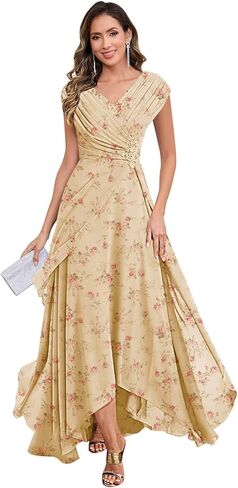 Cap Sleeve Mother of The Bride Dresses V Neck Chiffon Lace Applique Pleated Long Formal Dresses for Women in Saudi Arabia