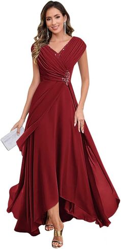 Cap Sleeve Mother of The Bride Dresses V Neck Chiffon Lace Applique Pleated Long Formal Dresses for Women in Saudi Arabia