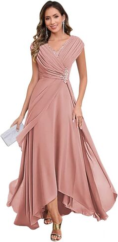 Cap Sleeve Mother of The Bride Dresses V Neck Chiffon Lace Applique Pleated Long Formal Dresses for Women in Saudi Arabia