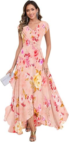 Cap Sleeve Mother of The Bride Dresses V Neck Chiffon Lace Applique Pleated Long Formal Dresses for Women in Saudi Arabia