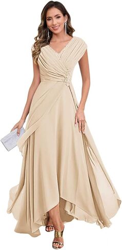 Cap Sleeve Mother of The Bride Dresses V Neck Chiffon Lace Applique Pleated Long Formal Dresses for Women in Saudi Arabia