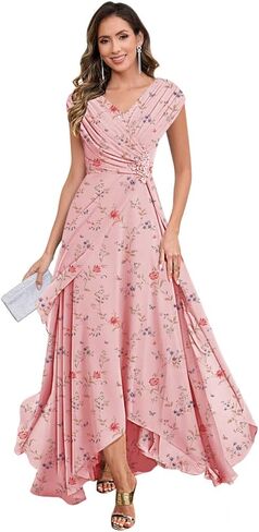 Cap Sleeve Mother of The Bride Dresses V Neck Chiffon Lace Applique Pleated Long Formal Dresses for Women in Saudi Arabia