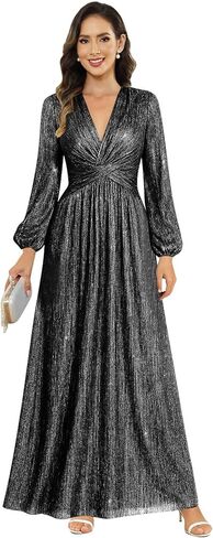 Sequin Glitter Formal Dresses for Women Long Sleeve Mother of The Bride Dresses V Neck Evening Gown in Kuwait