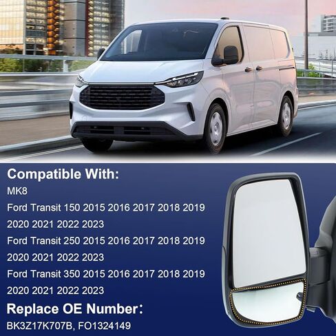 Mirror Glass Compatible with Ford Transit 150 250 350 2015 2016 2017 2018 2019 2020 2021 2022 2023 MK8 Left Driver Side Lower with Backing Plate BK3Z17K707A in Kuwait