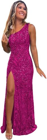 Sequin Prom Dresses One Shoulder Sparkly Evening Party Ball Gown with Slit in Kuwait
