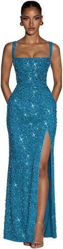 Sequin Prom Dresses for Women Square Neck Long Mermaid Formal Evening Party Gown with Slit in Kuwait