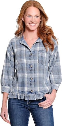 Ali Miles Women's Woven Yarn Dye Button Front Point Collar Cuff Three Quarters Sleeves in Saudi Arabia