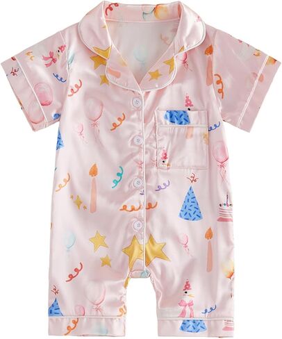 fyclemt Newborn Baby Girl Birthday Pajamas Silk Stain Pjs Cake Bow Balloons Short Sleeve Romper One Piece Jumpsuit Sleepwear in Saudi Arabia