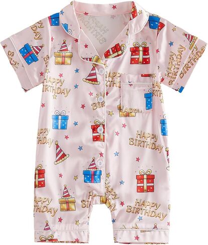 fyclemt Newborn Baby Girl Birthday Pajamas Silk Stain Pjs Cake Bow Balloons Short Sleeve Romper One Piece Jumpsuit Sleepwear in Saudi Arabia