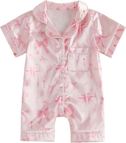 fyclemt Newborn Baby Girl Birthday Pajamas Silk Stain Pjs Cake Bow Balloons Short Sleeve Romper One Piece Jumpsuit Sleepwear in Saudi Arabia