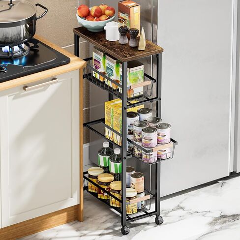 عربة دوارة ضيقة بعجلات، عربة تخزين معدنية رفيعة من 4 طبقات مع سلال قابلة للسحب، عربة تنظيم غرفة الغسيل الصغيرة بعرض 7.87 بوصة، موفرة للمساحة للمطبخ والحمام in Kuwait