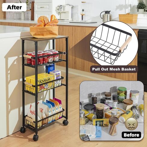 عربة دوارة ضيقة بعجلات، عربة تخزين معدنية رفيعة من 4 طبقات مع سلال قابلة للسحب، عربة تنظيم غرفة الغسيل الصغيرة بعرض 7.87 بوصة، موفرة للمساحة للمطبخ والحمام in Kuwait