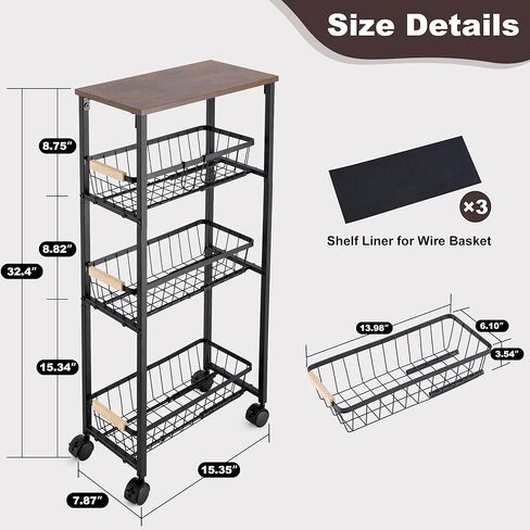 عربة دوارة ضيقة بعجلات، عربة تخزين معدنية رفيعة من 4 طبقات مع سلال قابلة للسحب، عربة تنظيم غرفة الغسيل الصغيرة بعرض 7.87 بوصة، موفرة للمساحة للمطبخ والحمام in Kuwait