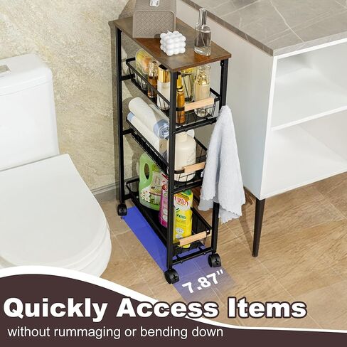 عربة دوارة ضيقة بعجلات، عربة تخزين معدنية رفيعة من 4 طبقات مع سلال قابلة للسحب، عربة تنظيم غرفة الغسيل الصغيرة بعرض 7.87 بوصة، موفرة للمساحة للمطبخ والحمام in Kuwait