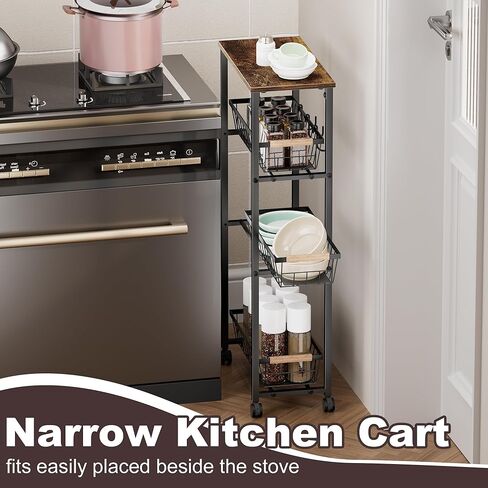 عربة دوارة ضيقة بعجلات، عربة تخزين معدنية رفيعة من 4 طبقات مع سلال قابلة للسحب، عربة تنظيم غرفة الغسيل الصغيرة بعرض 7.87 بوصة، موفرة للمساحة للمطبخ والحمام in Kuwait
