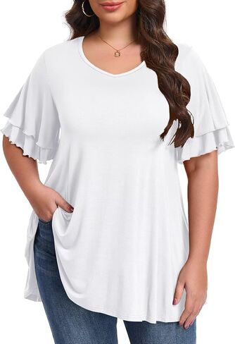 LARACE Plus Size Tops for Women Ruffle Sleeve T Shirt Summer Clothes Short Sleeve V Neck Tunic in Saudi Arabia