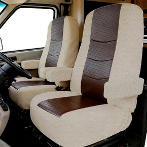 2Pcs Heavy-Duty Knitted Mesh RV Seat Covers for Captains Chairs Motorhome Seat Covers for Class-Awith Side Storage Pockets with Leather in Middle & Fabric on Sides, Universal Fit Design in Yellow in Kuwait