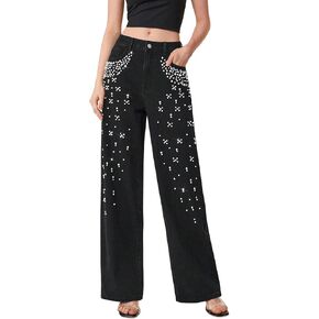 جينز FUNSEED للنساء متوسط ​​الخصر مستقيم وواسع الساق مرصع باللؤلؤ جينز لامع كاجوال فضفاض مناسب للعمل in Kuwait