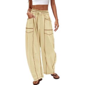 سروال رياضي نسائي برميلي عالي الخصر وفضفاض وواسع الساق مع رباط وجيوب in Kuwait