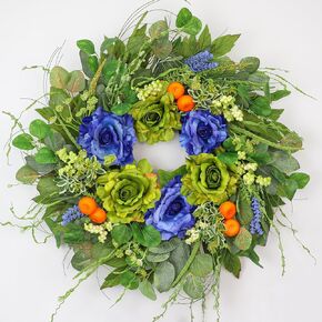 24 Inch Spring Summer Wreath for Front Door - Artificial Blue & Green Rose Wreath with Orange Berries & Eucalyptus, Rustic Farmhouse Indoor Outdoor Seasonal Wreath for Year Round Home Decor in Saudi Arabia