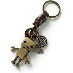 سلسلة مفاتيح قلادة روبوت عتيقة - حلقة مفاتيح مضفرة مصنوعة يدويًا من الجلد الطبيعي مع سحر معدني من سبائك الزنك، هدية على طراز الشرير الفريد من نوعه لعيد الميلاد والذكرى السنوية وحفلات التخرج in Kuwait