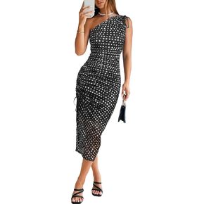 BerryGo Women One Shoulder Bodycon Mesh Ruched Long Dress Summer Sexy Slit Floral Print Wedding Guest Cocktail Dresses in Saudi Arabia