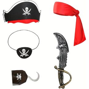 5Pcs Pirate Costume Accessories for Men - Adult Pirate Eye Patch, Hat,Sword, Captain hook & Headband for Halloween Costume Theme Parties in Saudi Arabia