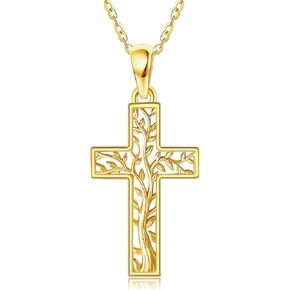 GEHN 14K Solid Gold Cross Necklace Tree of Life Necklace Solid Gold Cross Jewelry Religious Jewelry Christian Gifts for Women Wife Mom in Kuwait