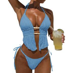 Women' s Beaded Bikini Halter String Tie Sexy Textured 2 Piece Swimsuits High Cut Cheeky Swim Bathing Suits in Saudi Arabia