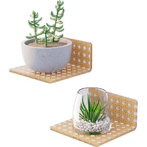 Small Boho Floating Shelf for Wall, Rattan Wall Shelf with Frosted Acrylic, Easy Install Mini Wall Shelf for Plants, Perfume & Decor, Bathroom Bedroom Apartment Decor in Kuwait