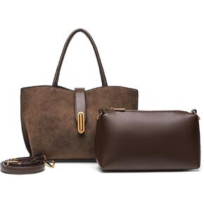 حقيبة حمل من الجلد السويدي النباتي للنساء، حقيبة كتف 2 في 1 بحجم أكبر مطورة مع حقيبة قابلة للإزالة، للعمل والاستخدام اليومي in Kuwait