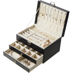 3 Layer Jewelry Box with Lock, Women Large Jewelry Holder Organizer with Drawer for Necklaces, Rings, Bracelets, Earrings, Watches, Valentines Gift for Mom Girl Wife (Black) in Saudi Arabia
