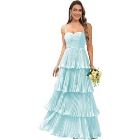 Women's Tiered Ruffle Bridesmaid Dresses Long Chiffon Spaghetti Straps Pleated Formal Prom Evening Party Gowns in Kuwait