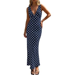 Wenrine Womens Summer Polka Dot Maxi Dress Mesh Wedding Guest Bodycon Sexy V Neck Sleeveless Party Dresses in Kuwait