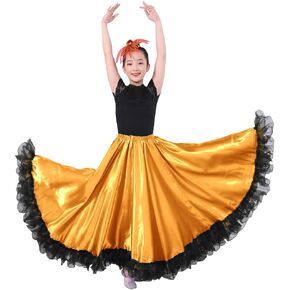 Girls Long Flamenco Mexican Dance Skirt - Elastic Waist Spanish Style Big Swing Skirt for Class Practice Performance in Kuwait