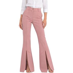 Women's Dress Flared Pants High Waist with Front Center Slits Button Waistband for Office Casual Wear in Saudi Arabia