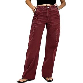 Flamingals Straight Leg Pants for Women Mid Rise Casual Vintage Patch Pockets Solid Pants in Kuwait