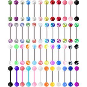 48 قطعة 14 جرام من حلقات اللسان الجراحية المصنوعة من الفولاذ المقاوم للصدأ وقضبان اللسان المستقيمة وقضبان ثقب المجوهرات اللطيفة للنساء المتوهجة في لون الحلوى الداكن وحلقة اللسان 16 مم in Kuwait