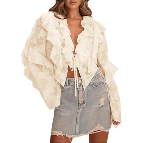 بلوزة نسائية من MakeMeChic بربطة عنق على شكل حرف V وأكمام جرس أنيقة للخروج ملابس الربيع in Kuwait