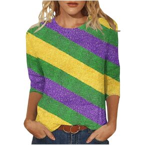 Mardi Gras Shirts for Women 3/4 Sleeve Tops Mask Crewneck Blouse Funny Print Carnival Party Sequin Tshirt Tunic Tops in Kuwait