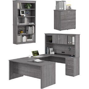 مكتب على شكل حرف U من Bestar Logan مع خزانة وخزانة ملفات جانبية وخزانة كتب باللون الرمادي اللحاء، 66 وات | تجهيزات مكتبية كاملة للمساحات المنزلية أو التجارية in Kuwait
