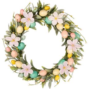 wwmira 18 بوصة اكاليل عيد الفصح للباب الأمامي، اكليلا من بيض الباستيل مع ماغنوليا وأوراق الأذن الخروف، إكليل جدار الأزهار الصغيرة للديكور الداخلي الربيع عيد الفصح الجدول الزينة المركزية in Kuwait