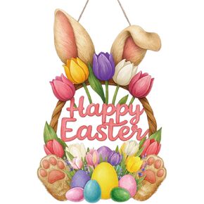 Yinkin Happy Easter Door Decoration Easter Wreaths for Front Door Bunny Floral Bucket Hanging Sign Welcome Wood Sign Wall Hanging Eggs Plaque Decoration for Shop Garden Home Party Supplies(Bunny Ear) in Saudi Arabia